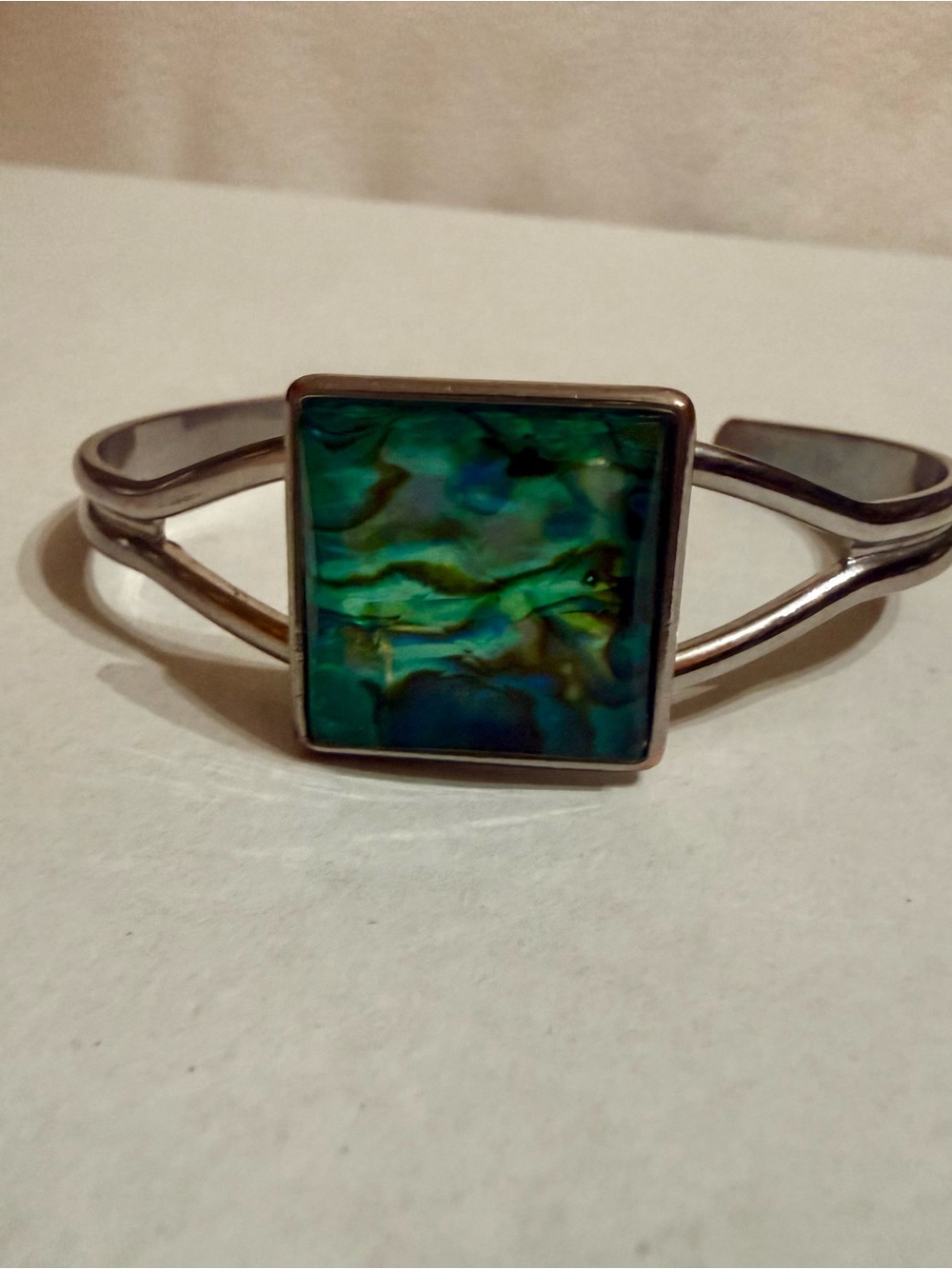 Abalone Inlay Silver Cuff Bracelet - Green Blue